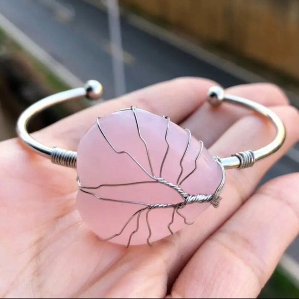 Rose Quartz GemsStone Heart Bangle Bracelet Healing Balancing Jewelry